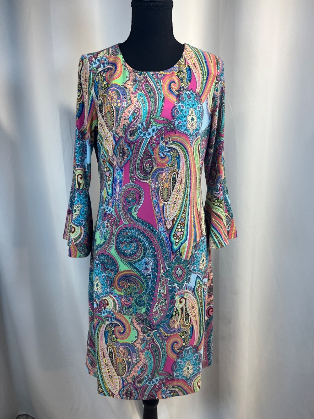 Tommy Hilfiger Bell Sleeve Paisley Shift Dress sz 4 Retro 60s 70s Cruise Travel